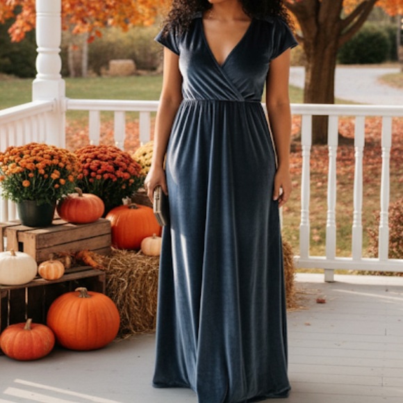 Baltic Born Liza Velvet Maxi Faux Wrap Dress in Steel Blue Size Medium - Picture 1 of 5